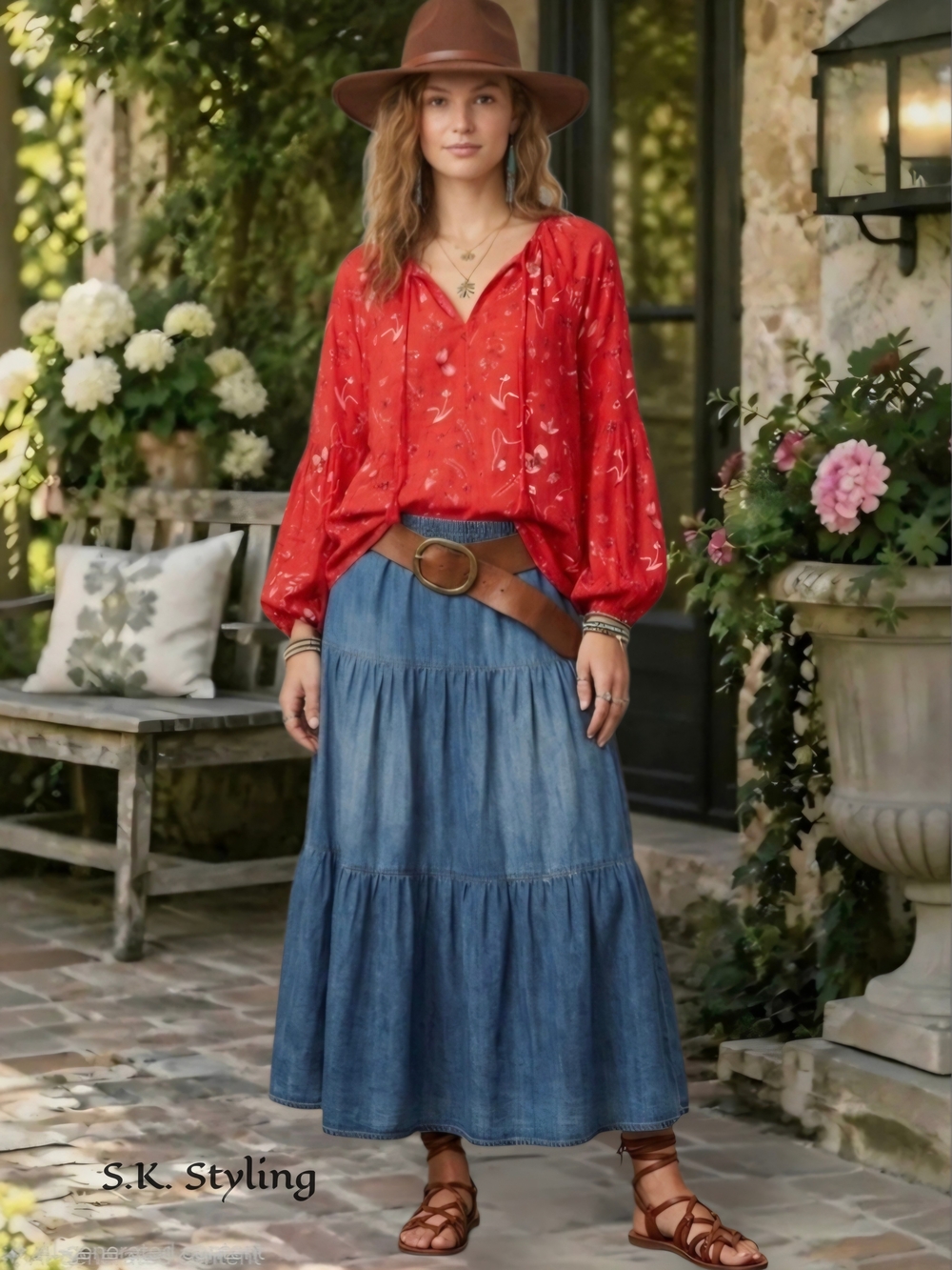 Universal Thread Red Floral Boho Top Tie Neck Balloon Sleeve Cottagecore Large